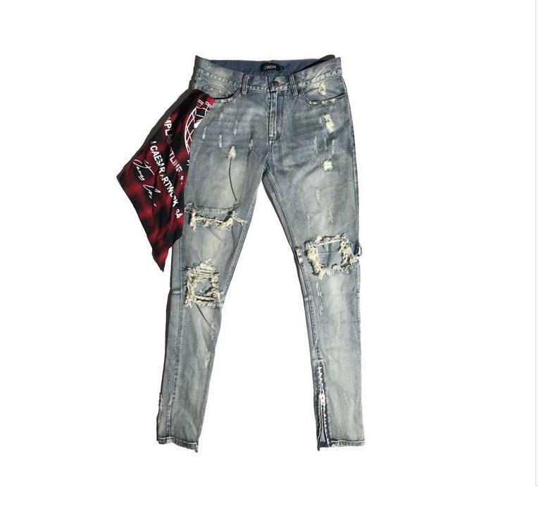 Washed holes in jeans, men and women GRE hip hop street trend stars with the same paragraph-THAT FASHION STORE