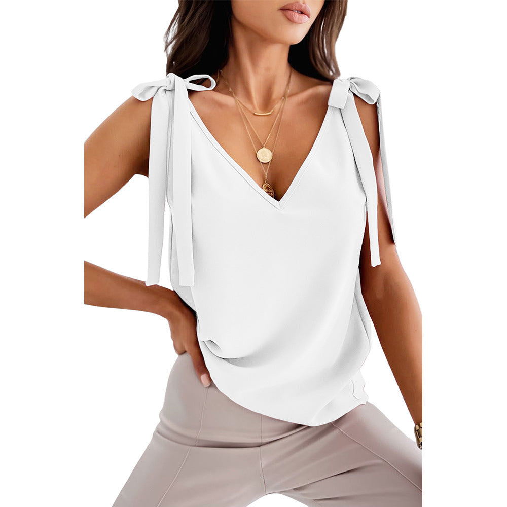 Bowknot Tie Up Camisole V-neck Shirts Women Summer Sleeveless Tank Tops - THAT FASHION STORE