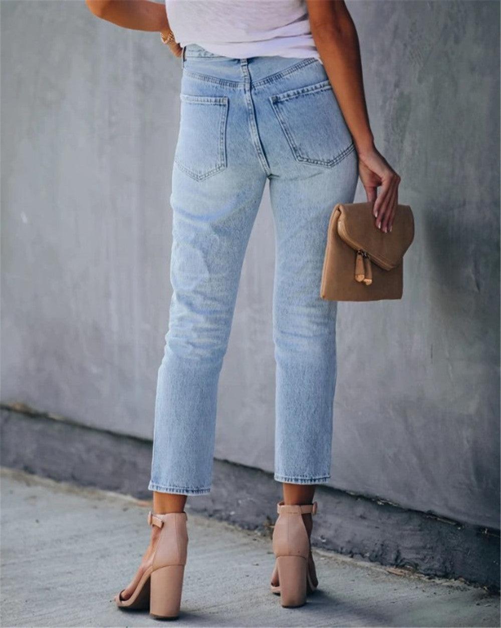 Distressed High-rise Stretch Pencil Pants Cropped Jeans-THAT FASHION STORE