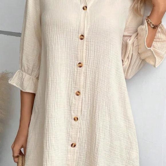 Women's Solid Color Cotton And Linen Breasted Loose Shirt Dress-THAT FASHION STORE