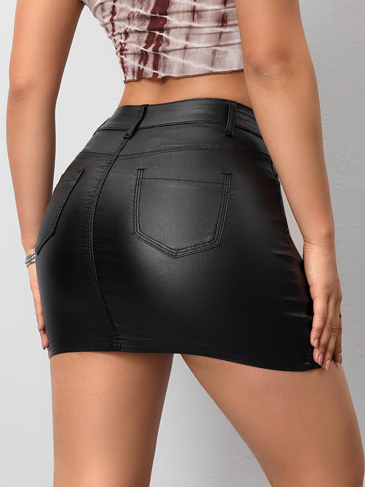 Women's Black Color PU Leather Coated Mini Skirt, Casual Style, High-Waisted Design, Street Fashion, Zip Closure, Versatile Day-to-Night Outfit-THAT FASHION STORE