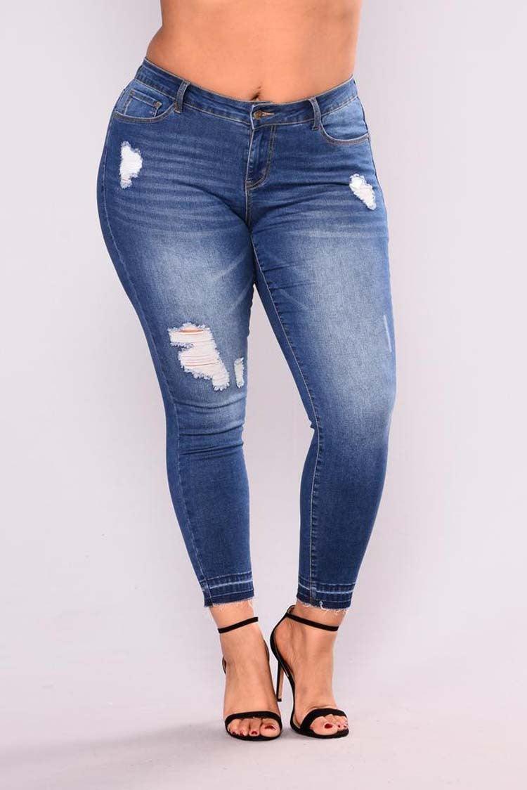 Fattening and high elastic pencil jeans with holes-THAT FASHION STORE