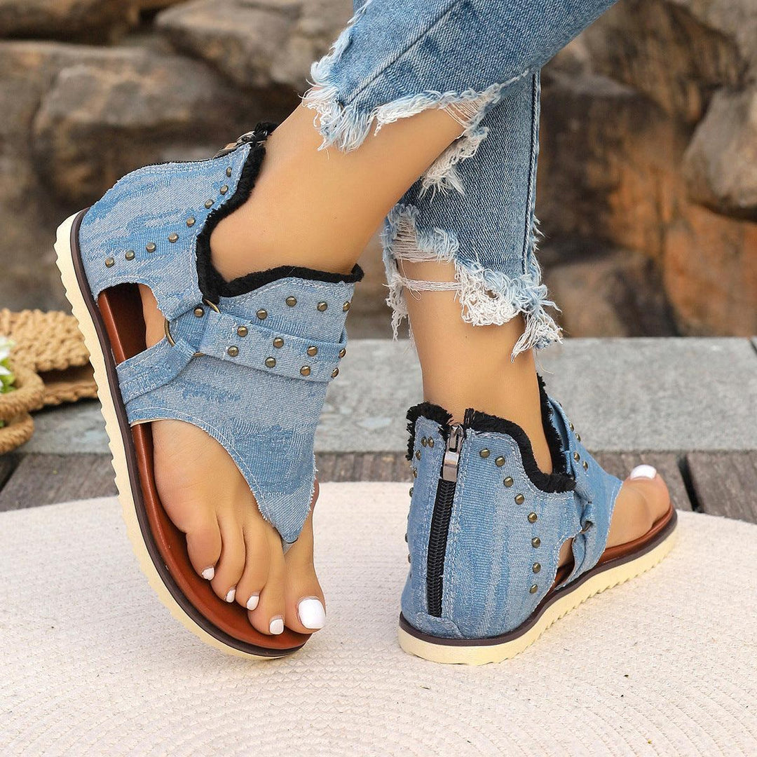 Denim Thong Sandals With Rear Zipper Summer Retro Beach Flat Shoes For Women-THAT FASHION STORE