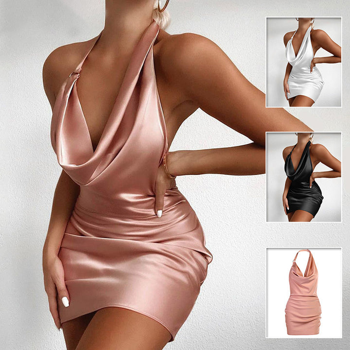 Satin V Neck Backless Mini Dress with Adjustable Straps for Summer Parties - THAT FASHION STORE