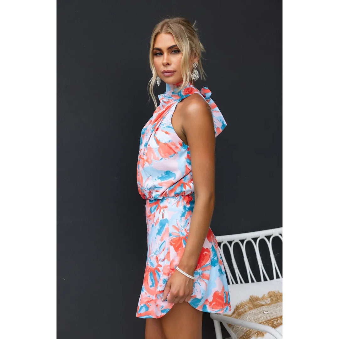 Casual Women's Printed Lace-Up Dress with Slant Shoulder for Vacations - THAT FASHION STORE