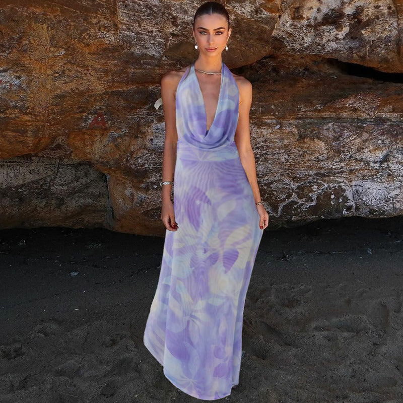 Vibrant Tie-Dye Deep V-Neck Backless Dresses - 2pcs Halter Set for Beach Parties - THAT FASHION STORE