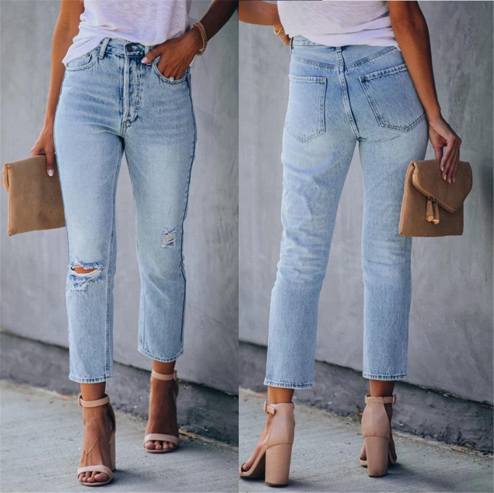 Distressed High-rise Stretch Pencil Pants Cropped Jeans-THAT FASHION STORE