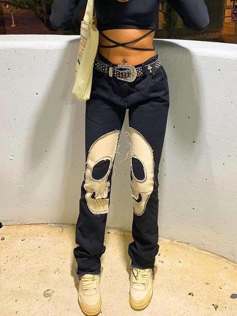 Vintage Skull Print Jeans Women's High Waist-THAT FASHION STORE