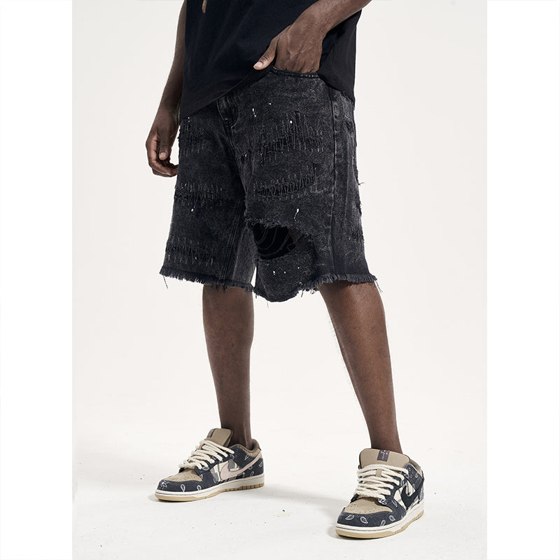 High Street Patch Ripped Washed Distressed Men's Denim Shorts-THAT FASHION STORE