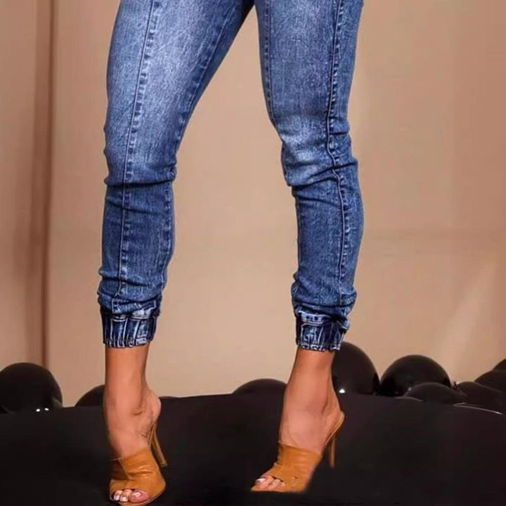 Women's Elastic Waist Lace Up Slim Fit Jeans-THAT FASHION STORE