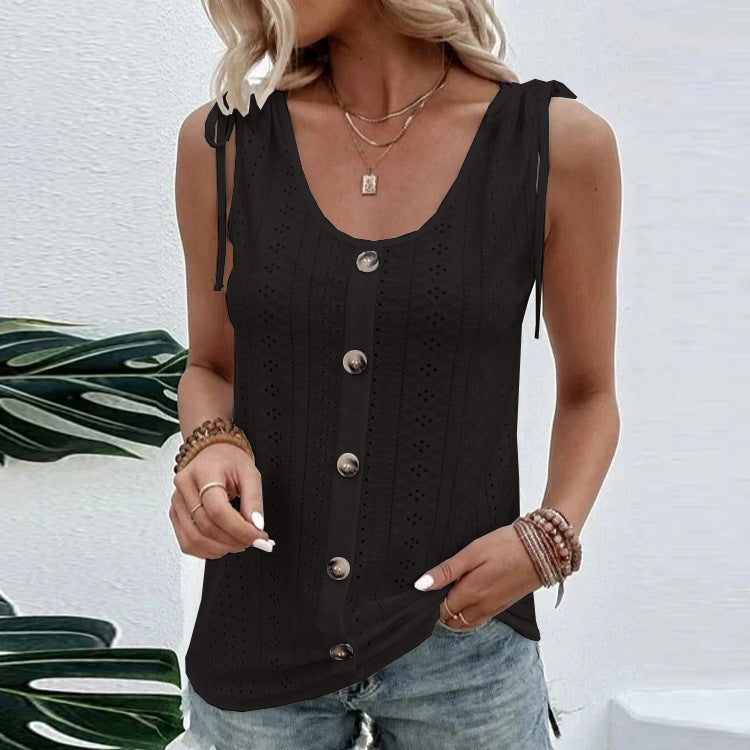 Casual Solid Color U-neck Vest Women Shoulder With Bow Tie Tops Summer T-shirt - THAT FASHION STORE