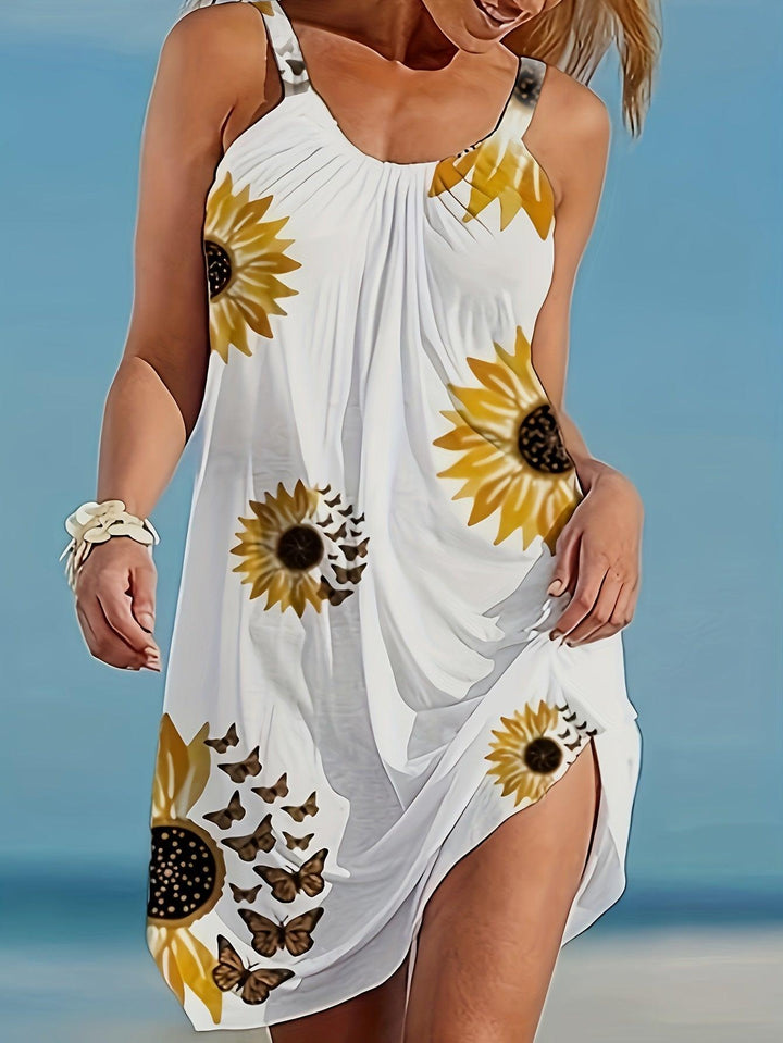 Sunflower Print Cami Dress, Vacation Sleeveless Loose Dress, Women's Clothing-THAT FASHION STORE