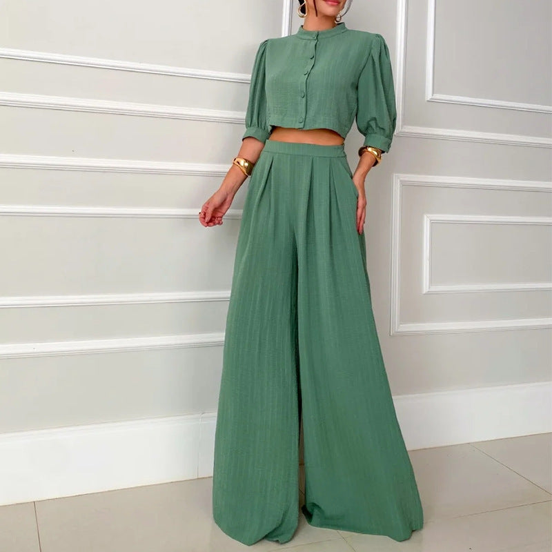 Round Neck Half Sleeve Short Vest High Waist Straight Pants Suit - THAT FASHION STORE