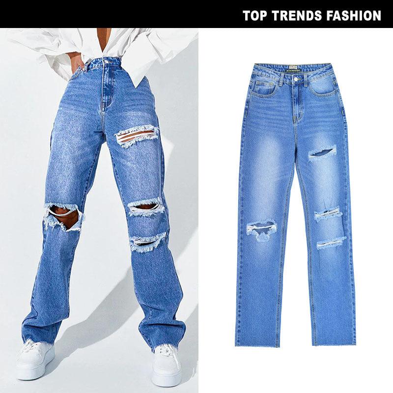 Women's High Waist Straight Ripped Jeans-THAT FASHION STORE