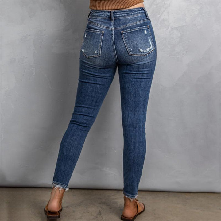 Casual Women's Fitted High Waist Frayed Washed Jeans-THAT FASHION STORE