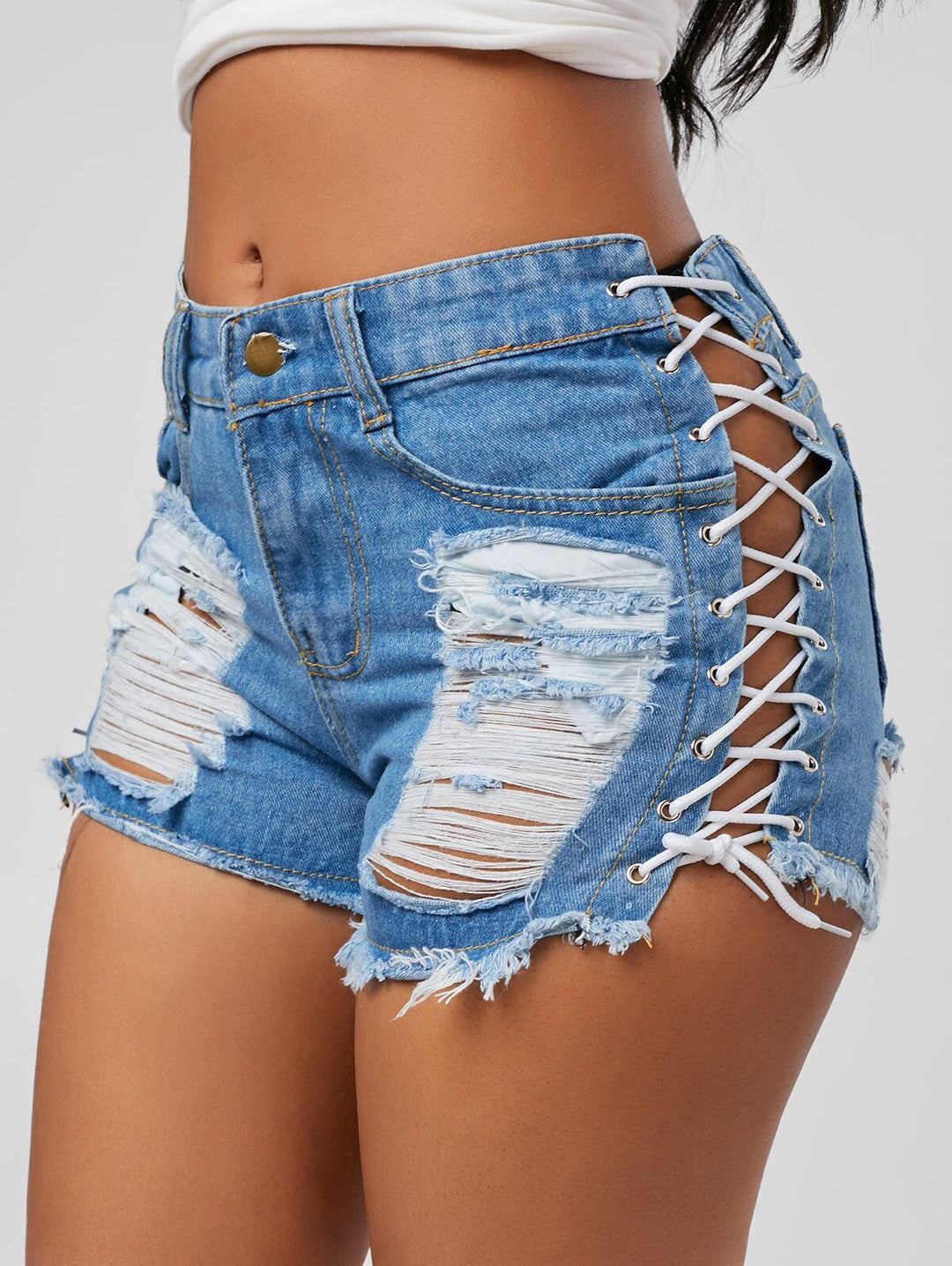 Denim Hot Pants Shorts Women's Straight Broken Corns Lace-up-THAT FASHION STORE