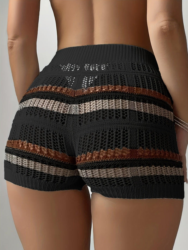 Striped Hollow Out Drawstring Shorts, Casual High Waist Cover Up Shorts, Women's Clothing-THAT FASHION STORE