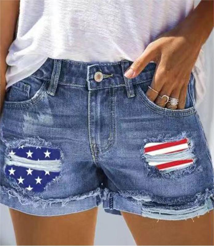 Flag Printed Patch Denim Shorts-THAT FASHION STORE