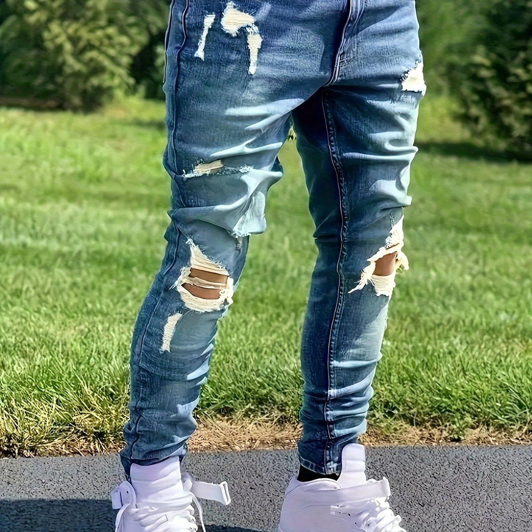 Men's Casual Ripped Skinny Jeans, Chic Street Style Medium Stretch Jeans-THAT FASHION STORE