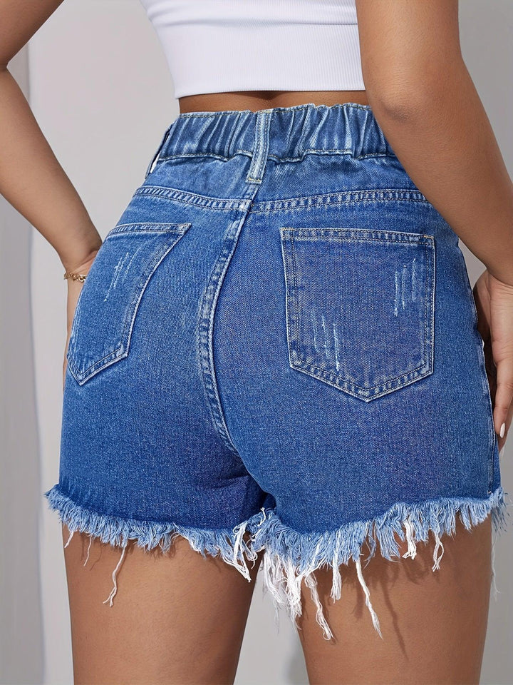 Women's High-Waisted Denim Shorts Skirted Shorts, Distressed Fringe Raw Hem Skorts, Elastic Waist, Loose Fit, Slimming, Preppy Style, Casual Summer Fashion-THAT FASHION STORE