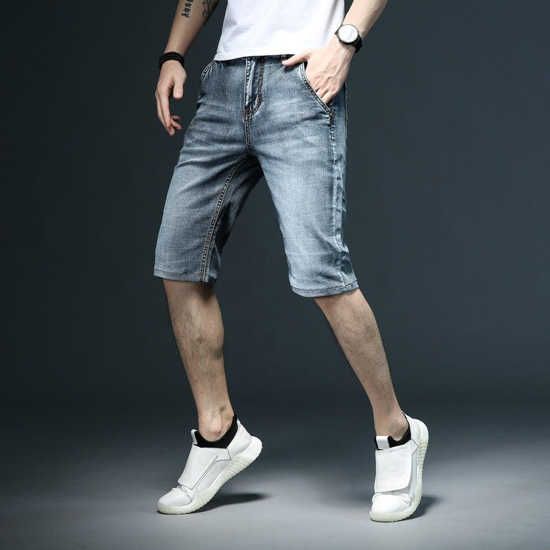 Five Points Oblique Slot Pocket Middle Pants Thin Denim Shorts Men's Straight Loose Breeches Oblique Opening-THAT FASHION STORE