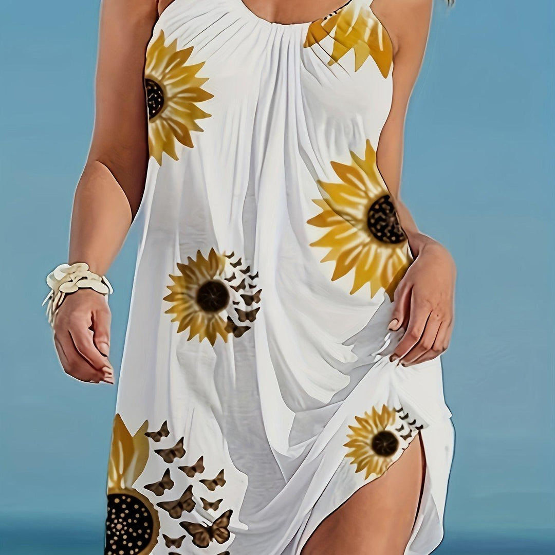 Sunflower Print Cami Dress, Vacation Sleeveless Loose Dress, Women's Clothing-THAT FASHION STORE