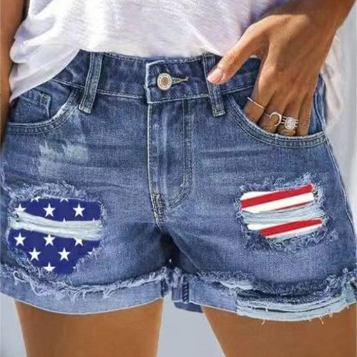 Flag Printed Patch Denim Shorts-THAT FASHION STORE