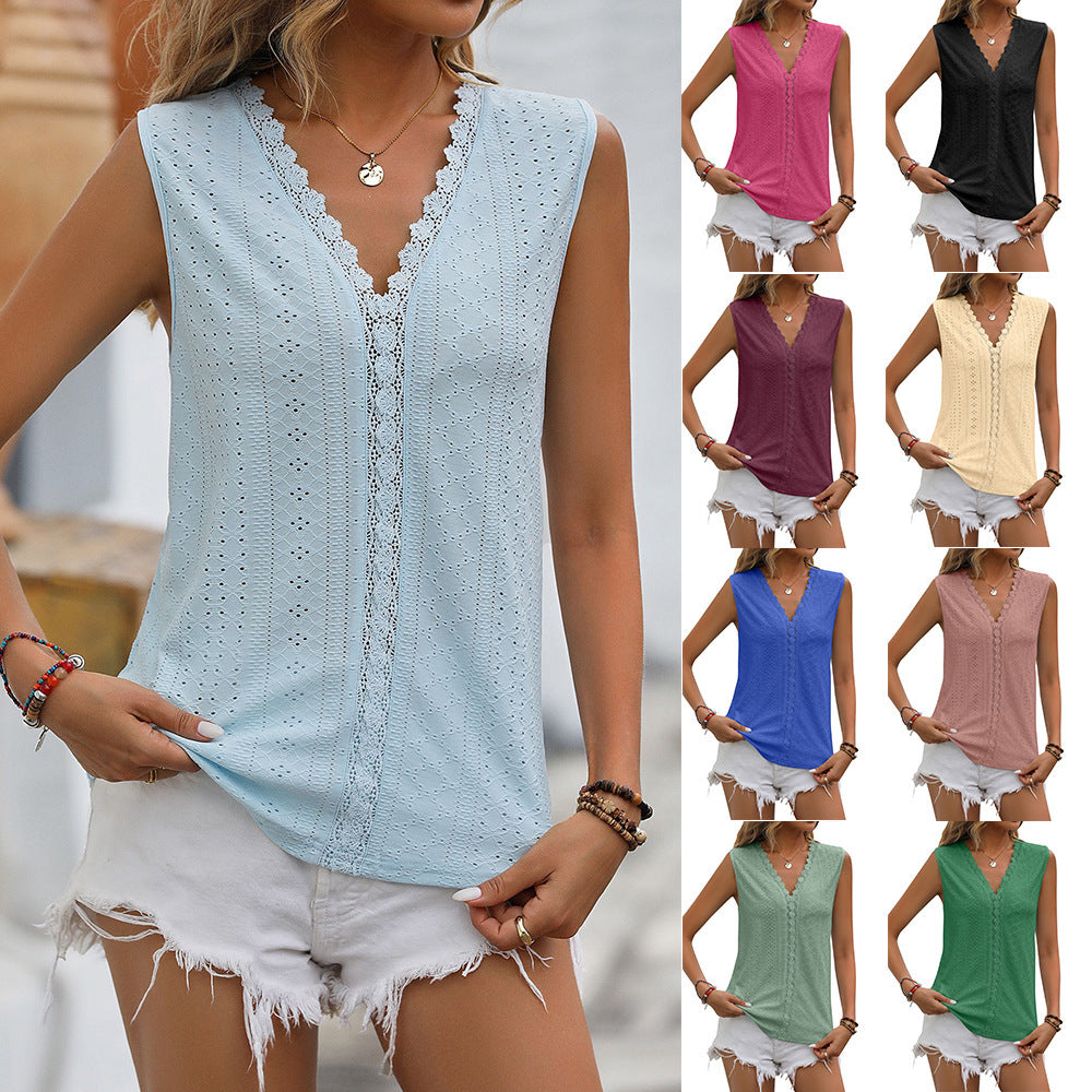 Lace Tops Women V-neck Sleeveless Hollow Out Vest Summer Tank - THAT FASHION STORE