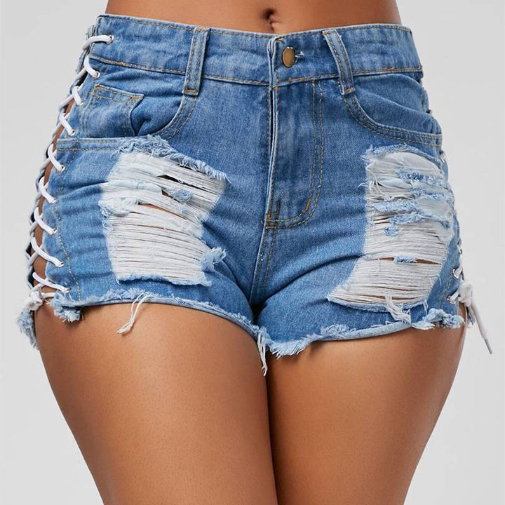 Denim Hot Pants Shorts Women's Straight Broken Corns Lace-up-THAT FASHION STORE