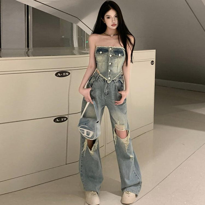 Hot Girl Slim Tube Top Ripped Jeans-THAT FASHION STORE