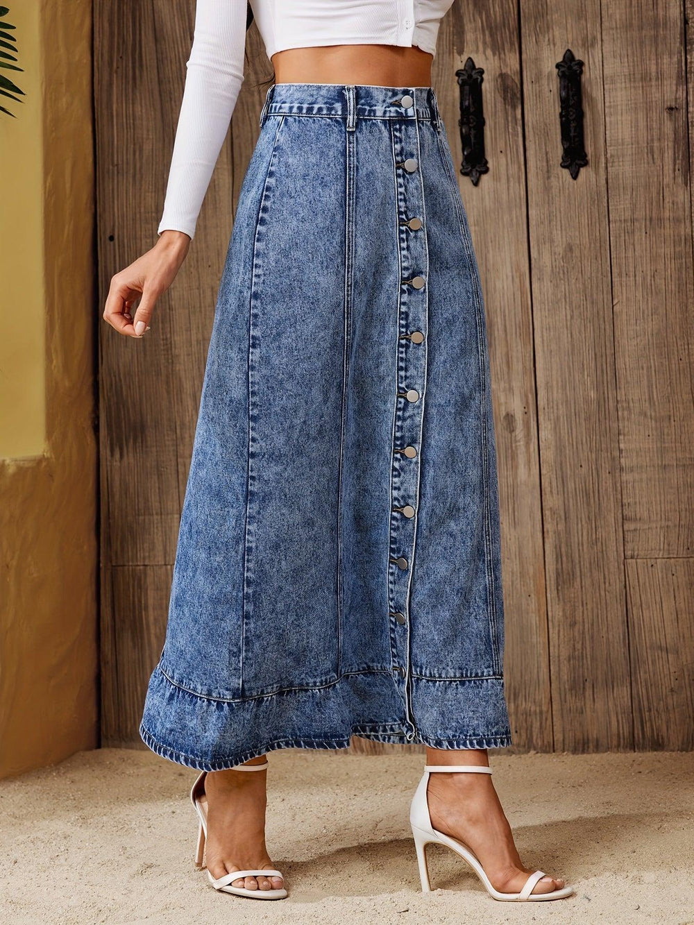 Women's Summer Vintage Washed Denim Maxi Skirt, A-Line Single-breasted Button Front Long Skirt With Frayed Hem, Casual Retro Style Jean Skirt-THAT FASHION STORE