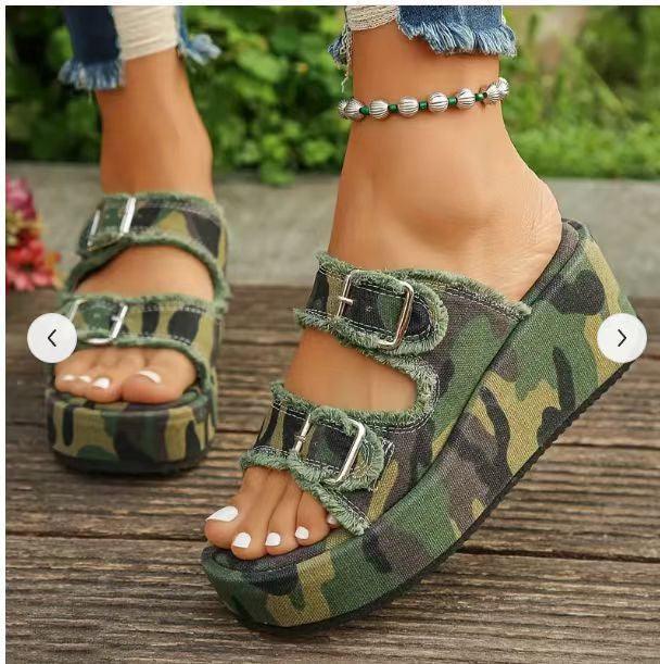 Fashion Denim Buckle Wedges Sandals Summer Outdoor High Heel Slippers Thick Bottom Camouflage Shoes For Women-THAT FASHION STORE