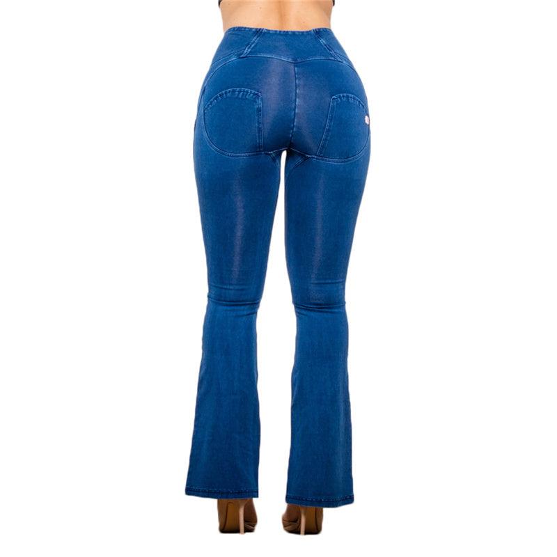 Women's High Waist Flared Dark Blue Stretch Jeans-THAT FASHION STORE