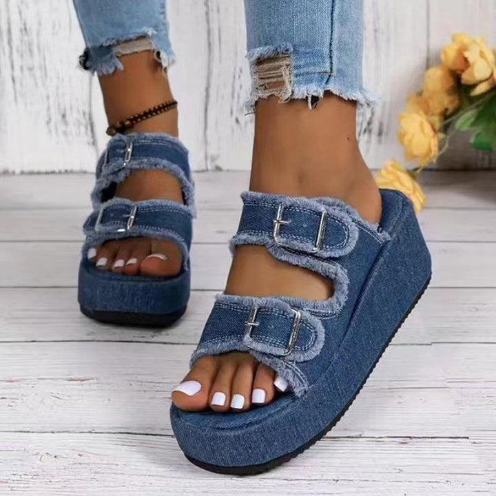 Fashion Denim Buckle Wedges Sandals Summer Outdoor High Heel Slippers Thick Bottom Camouflage Shoes For Women-THAT FASHION STORE