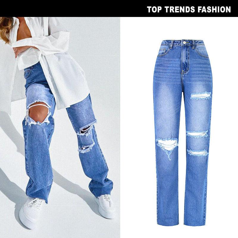 Women's High Waist Straight Ripped Jeans-THAT FASHION STORE