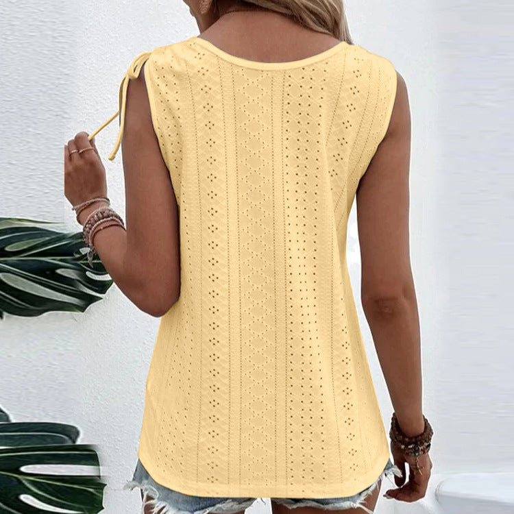 Casual Solid Color U-neck Vest Women Shoulder With Bow Tie Tops Summer T-shirt - THAT FASHION STORE