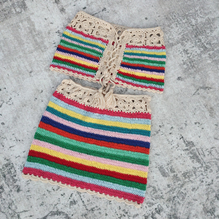 Crochet Beach Striped Swimwear Set - Handmade Bikini and Miniskirt Dress - THAT FASHION STORE