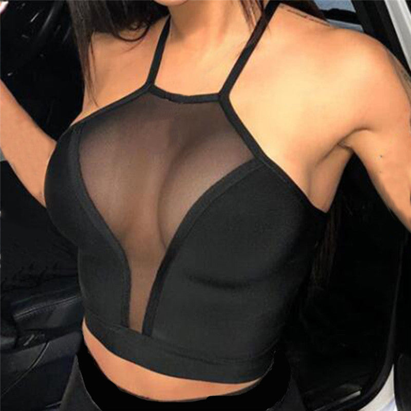 Women's Mesh Panel R-shaped Crop Tank Top-THAT FASHION STORE