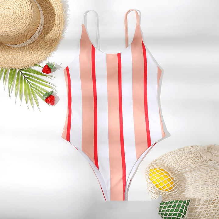 Striped Slim Fit One-Piece Bikini Swimsuit in Pink - THAT FASHION STORE