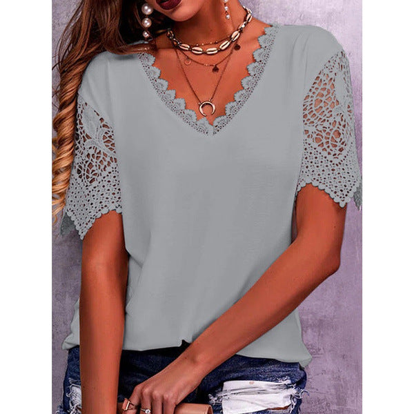 Lace Tops Women Summer Loose V Neck Short Sleeve Casual Shirts - THAT FASHION STORE