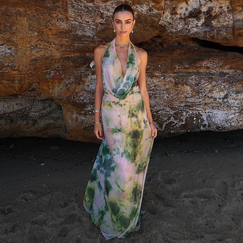 Vibrant Tie-Dye Deep V-Neck Backless Dresses - 2pcs Halter Set for Beach Parties - THAT FASHION STORE