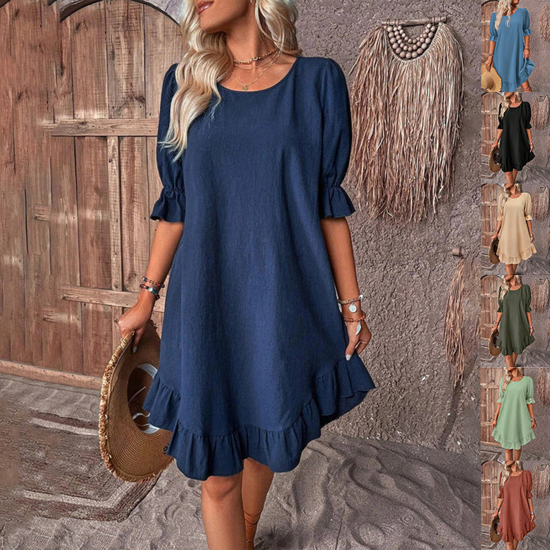 Summer Solid Color Ruffle Sleeve Dress for Women - Loose Fit Round Neck Style - THAT FASHION STORE