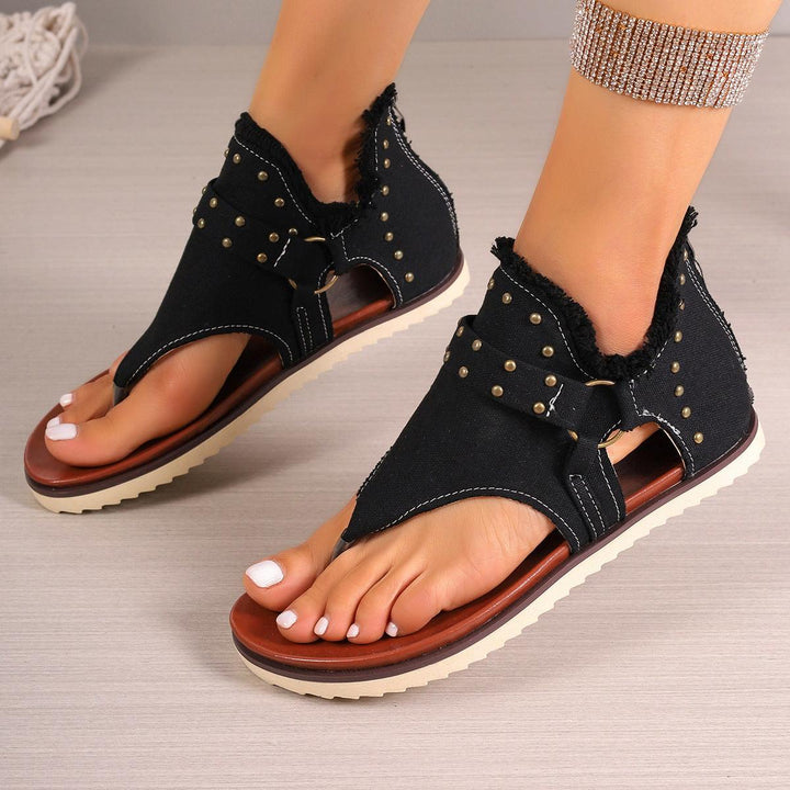 Denim Thong Sandals With Rear Zipper Summer Retro Beach Flat Shoes For Women-THAT FASHION STORE