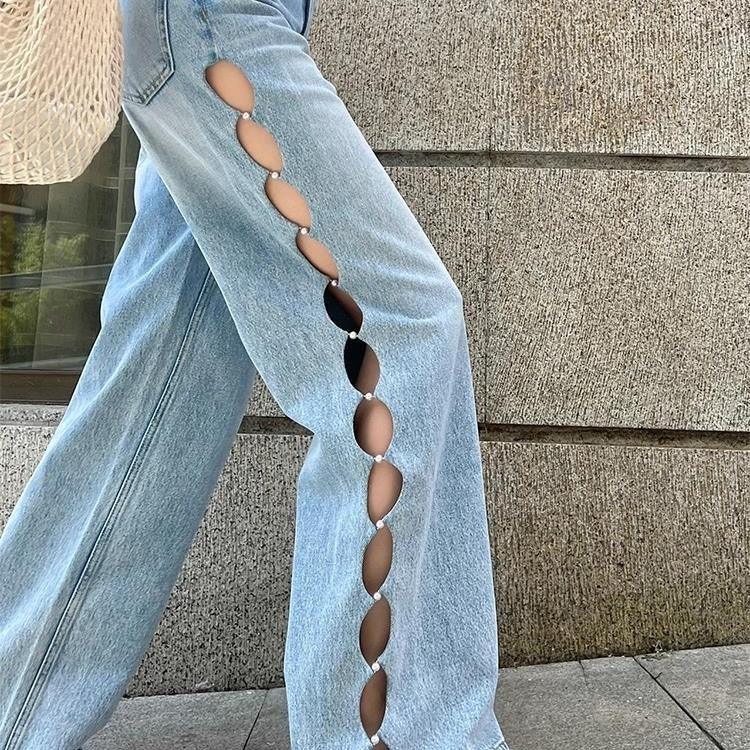 Blue Pearl Hollow Wide-leg Jeans Female Summer-THAT FASHION STORE