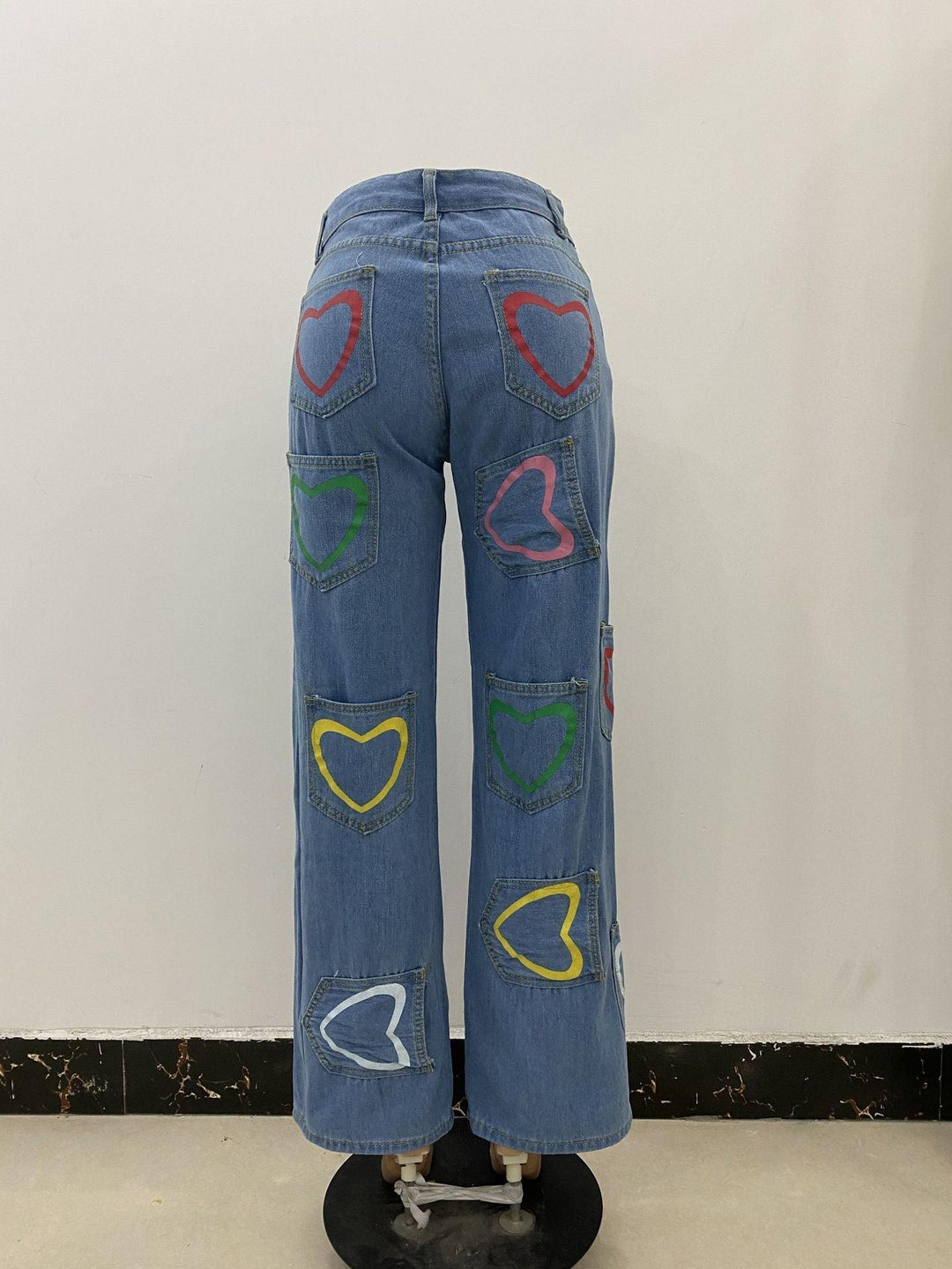 Multi-pocket Colorful Heart Print Jeans Women's Flared Pants-THAT FASHION STORE