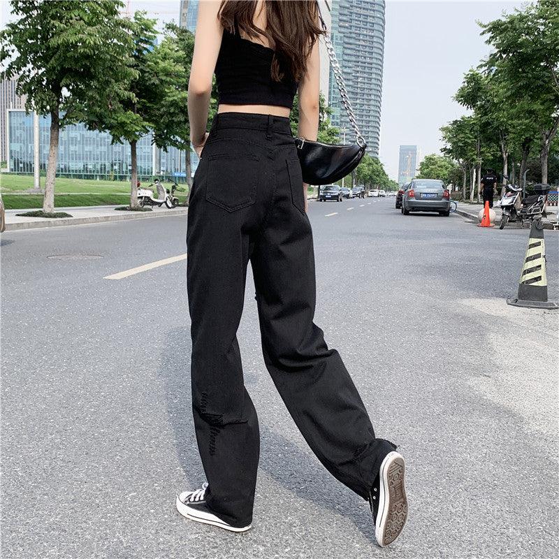 Women's Black Wide Leg Ripped Summer Jeans-THAT FASHION STORE