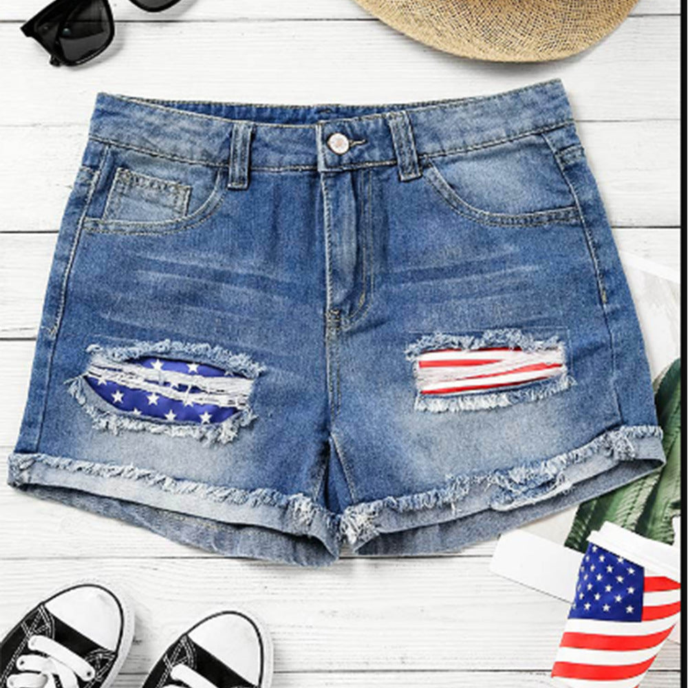 Flag Printed Patch Denim Shorts-THAT FASHION STORE