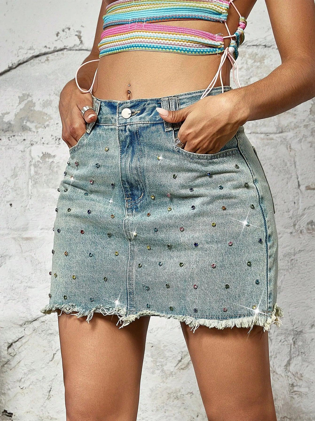 2023 Charming Female New Vintage Hotgirl Rave Colorful Rhinestone Detail Raw Hem Denim Mini Skirt-THAT FASHION STORE