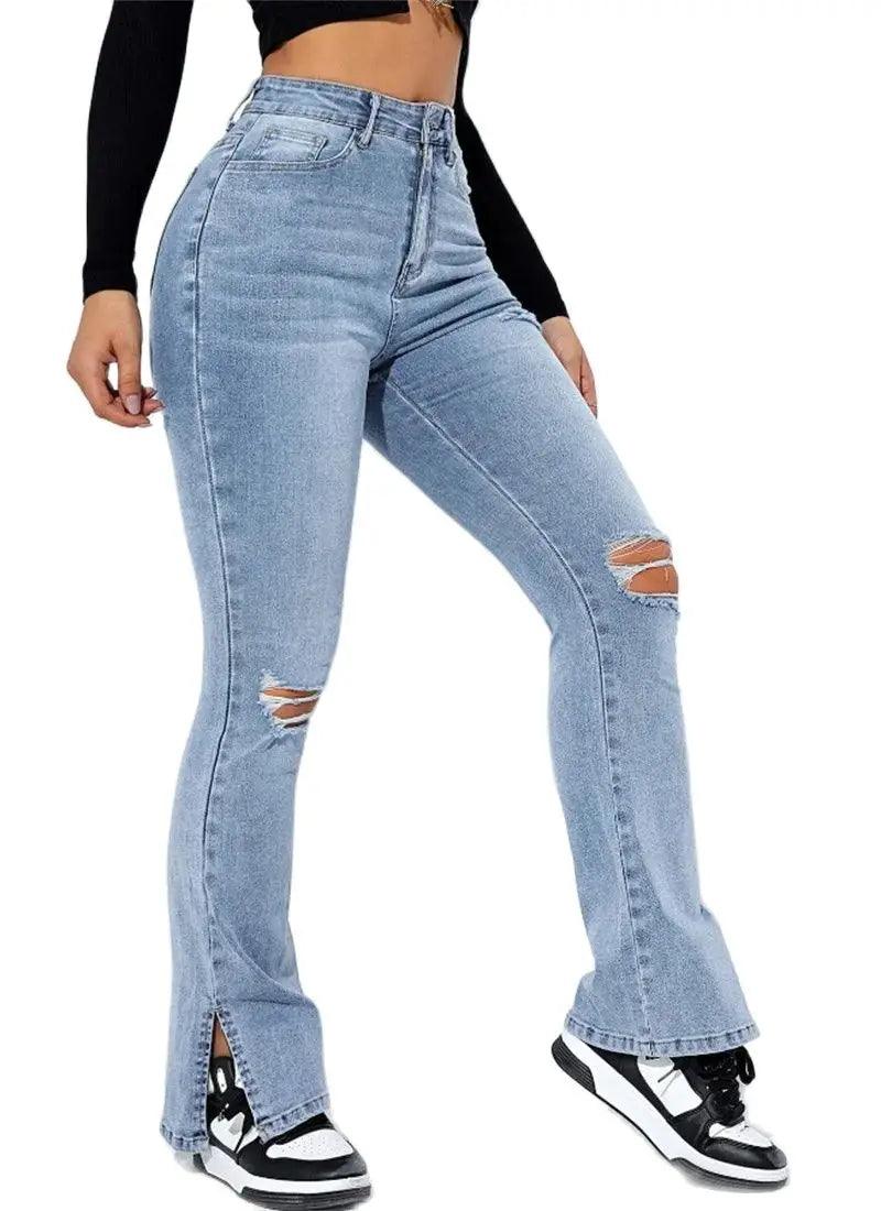 2023 Winter New Women's High Waist Ripped Leg Slit Jeans Fashion Slim Fit Stretch Denim Straight Legs Casual Trousers S-2XL-THAT FASHION STORE