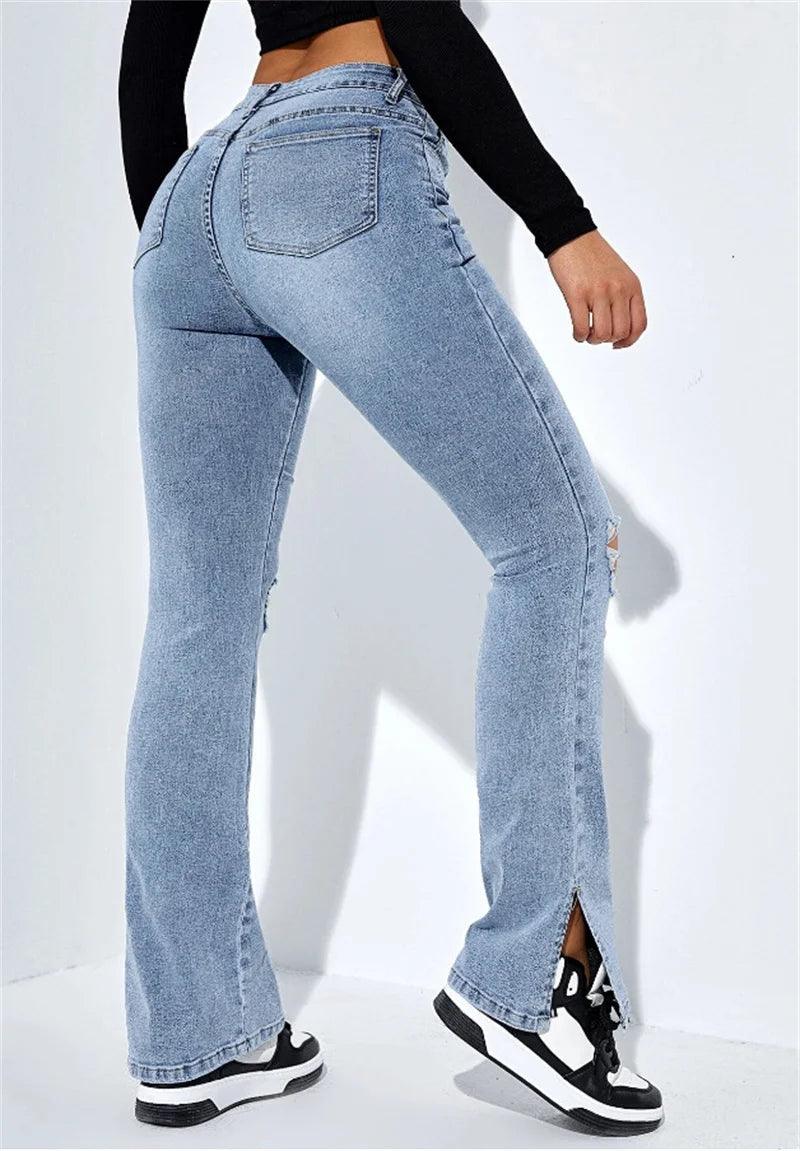 2023 Winter New Women's High Waist Ripped Leg Slit Jeans Fashion Slim Fit Stretch Denim Straight Legs Casual Trousers S-2XL-THAT FASHION STORE